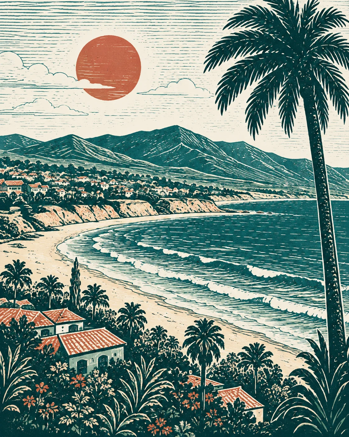 Woodcut-style illustration of Santa Barbara’s coastline, with ocean waves, mountains, a palm tree, and a terracotta sun.
